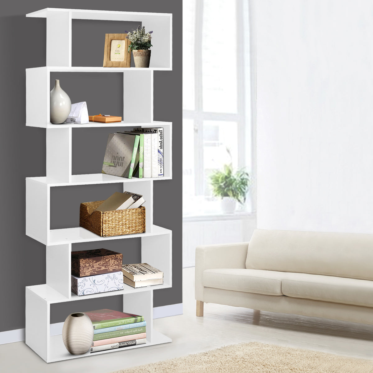 Riva 6 Tier S-Shape Display Bookshelf in White