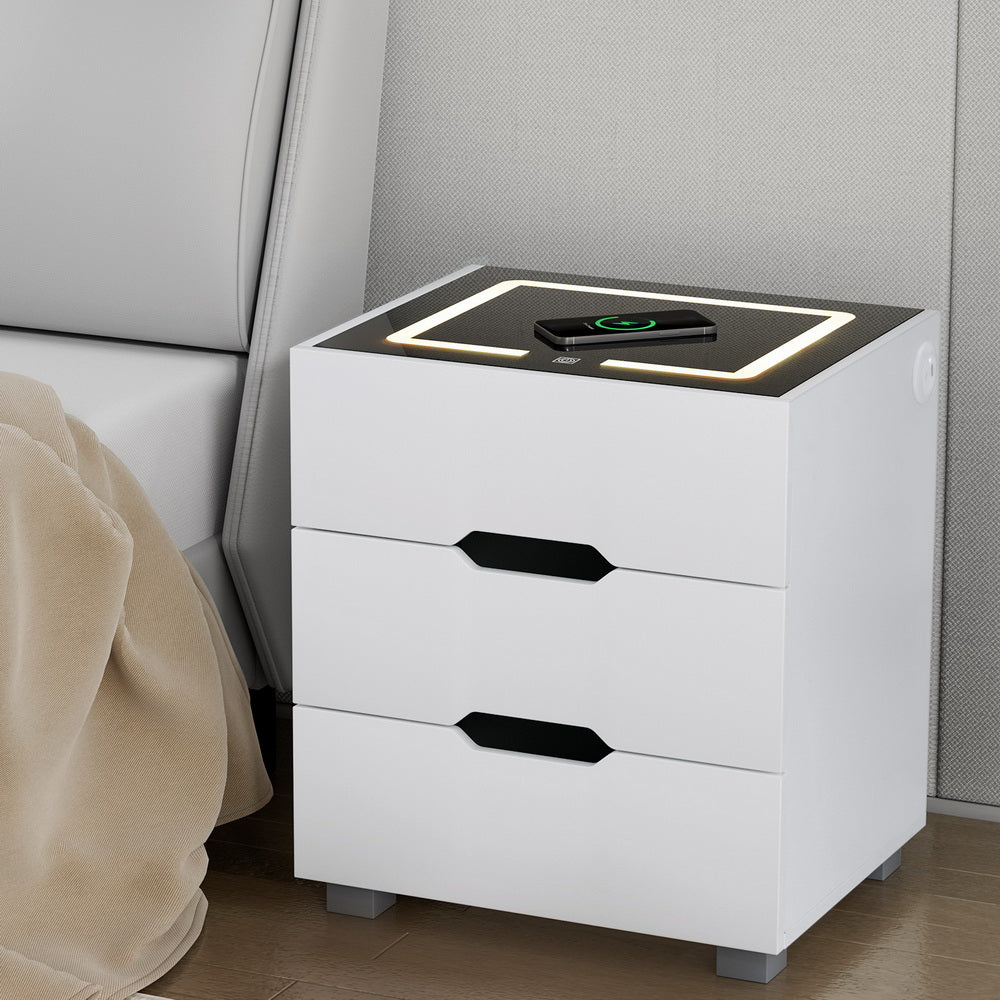 Adad Smart Bedside Table with 3 Drawers and Wireless Charging White