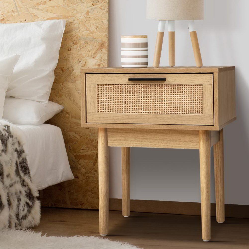 Artiss Bedside Table Rattan Drawer Wood Nightstand