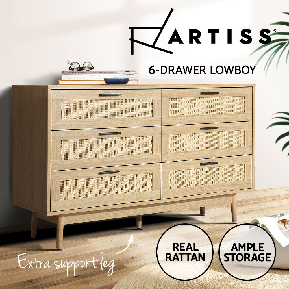Briony 6-Drawer Lowboy Chest Oak Rattan