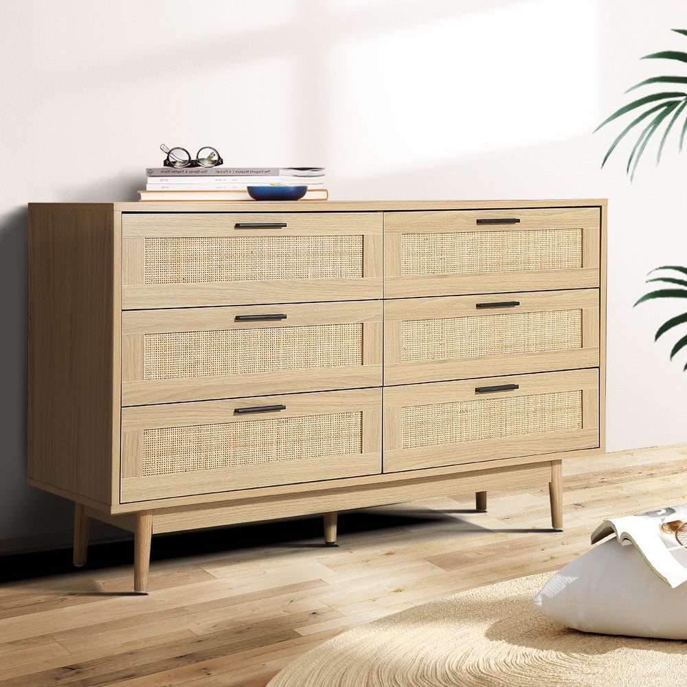 Briony 6 Drawer Rattan Lowboy Chest of Drawers Oak