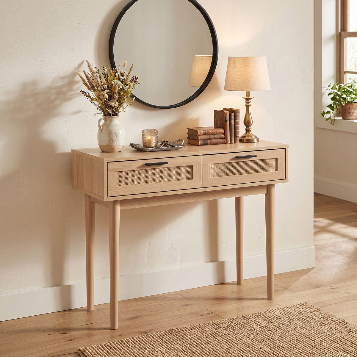 Artiss Console Table with 2 Rattan Drawers and Eucalyptus Legs