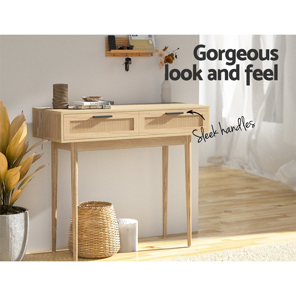 Artiss Console Table Rattan Drawers Wood Finish
