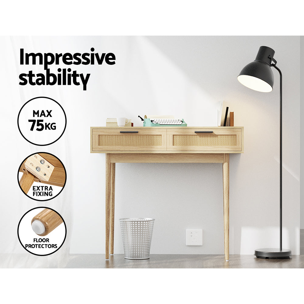 Artiss Console Table Rattan Drawers Wood Finish