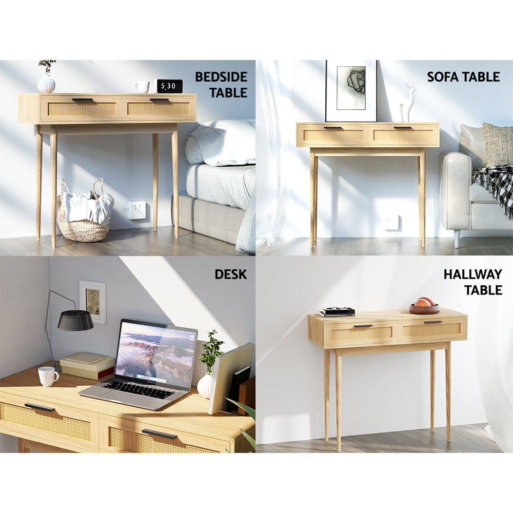 Artiss Console Table Rattan Drawers Wood Finish