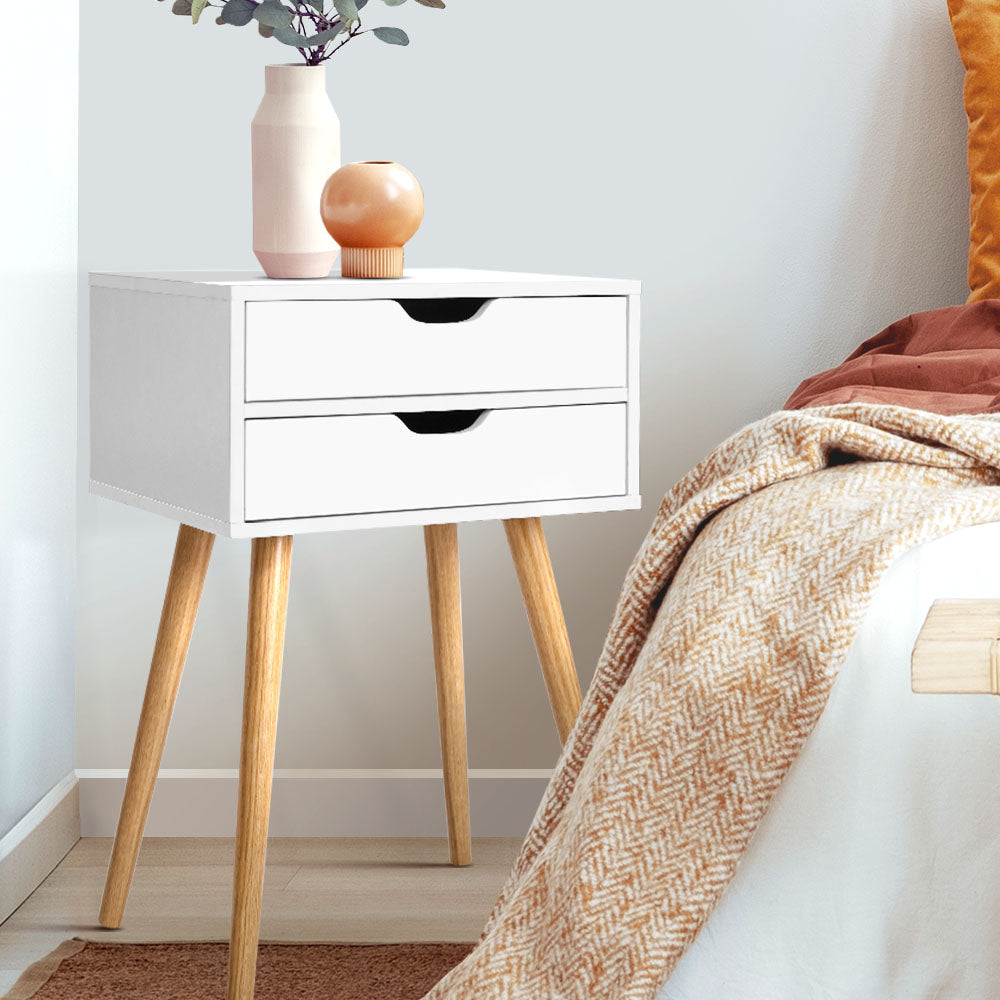 Bodie Bedside Table with 2 Drawers and Splayed Legs in White