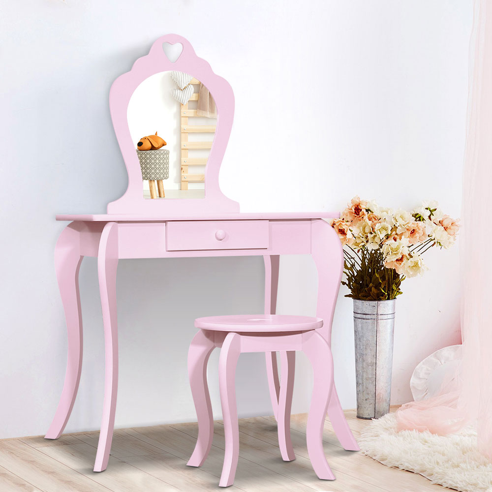 Keezi Kids Dressing Table Set with Stool and Mirror Pink