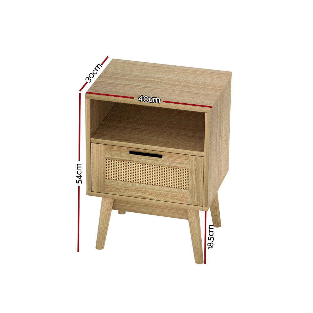 REI Oak Rattan Bedside Table 1 Drawer Shelf