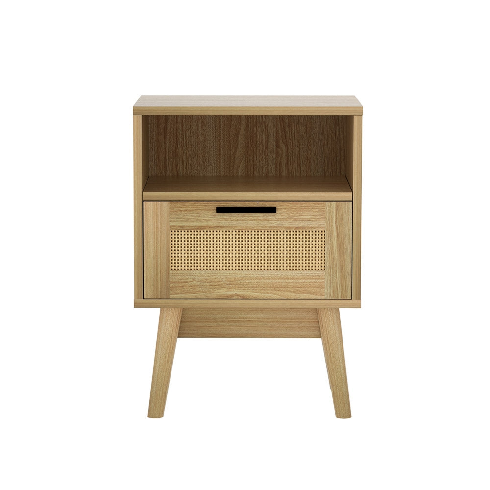 REI Oak Rattan Bedside Table 1 Drawer Shelf