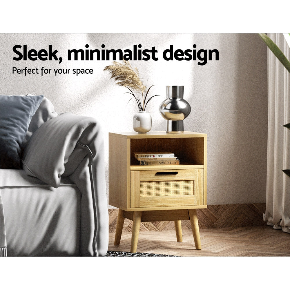 REI Oak Rattan Bedside Table 1 Drawer Shelf