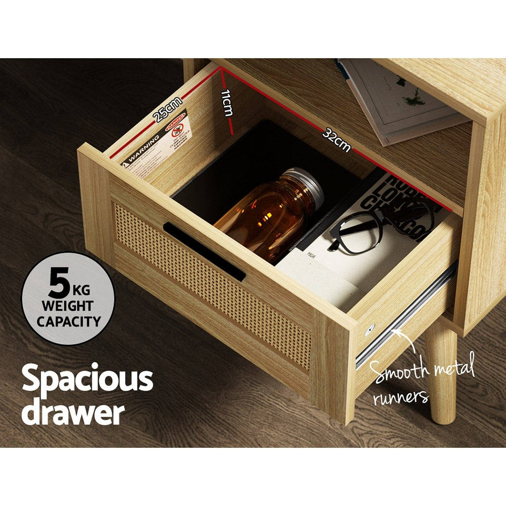 REI Oak Rattan Bedside Table 1 Drawer Shelf