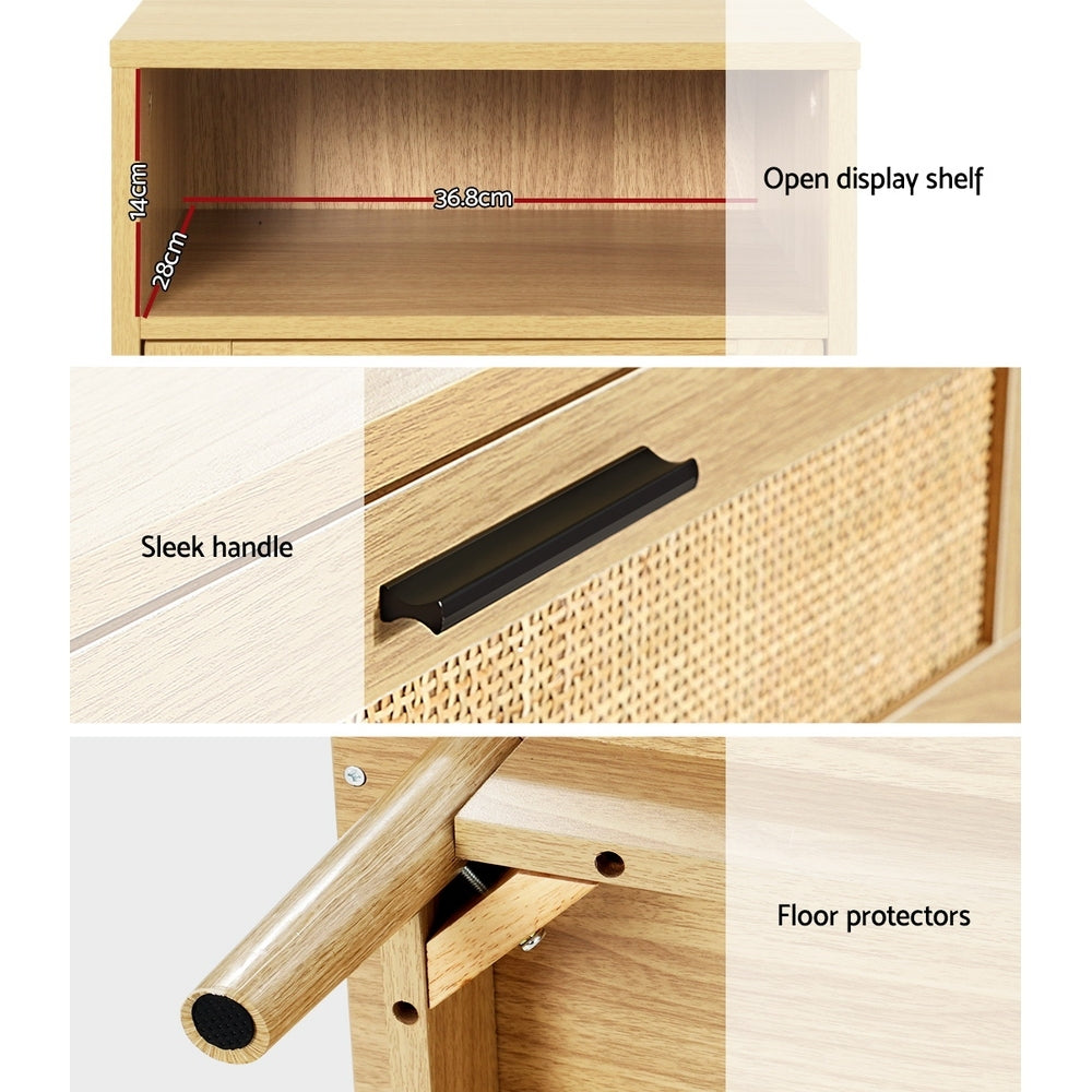 REI Oak Rattan Bedside Table 1 Drawer Shelf