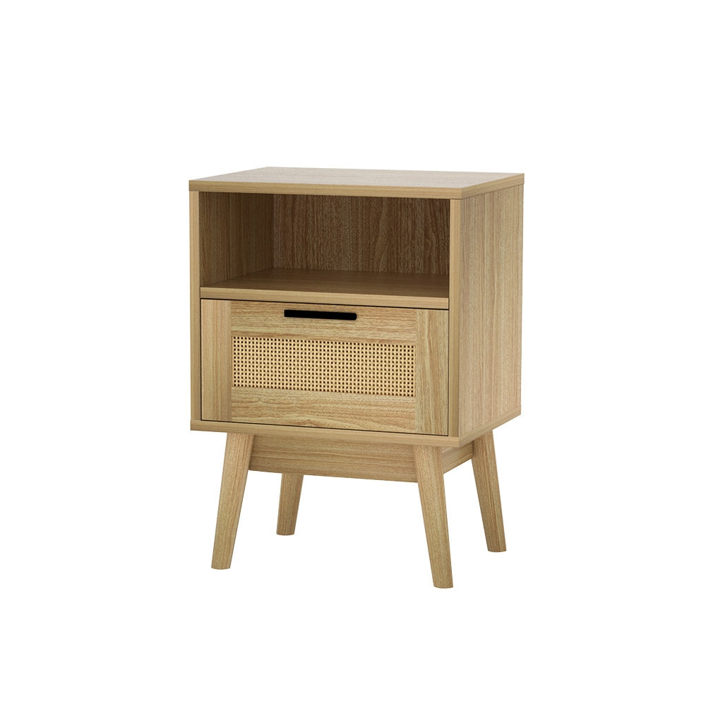 REI Oak Rattan Bedside Table 1 Drawer Shelf