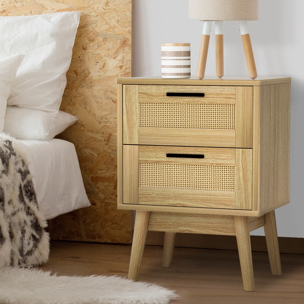 RIE Oak Rattan Bedside Table 2 Drawers Wood
