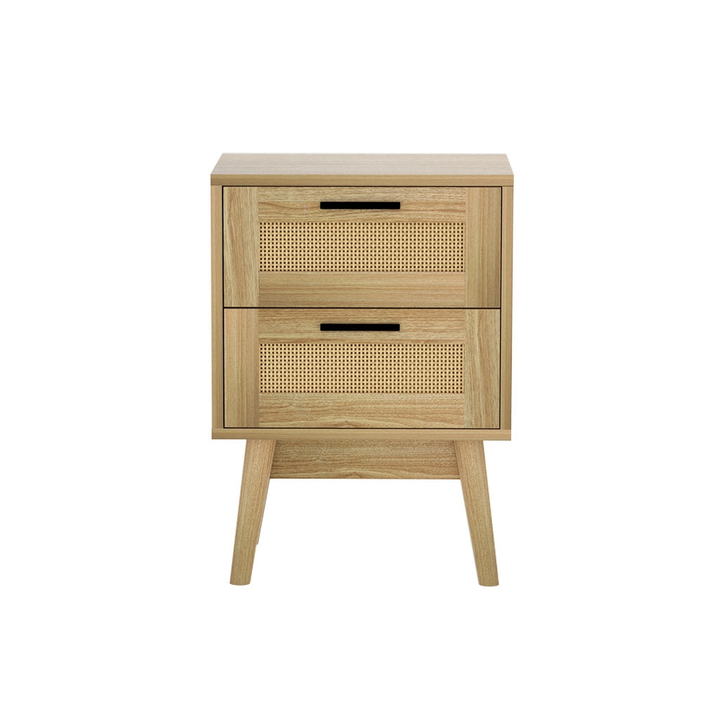 RIE Oak Rattan Bedside Table 2 Drawers Wood