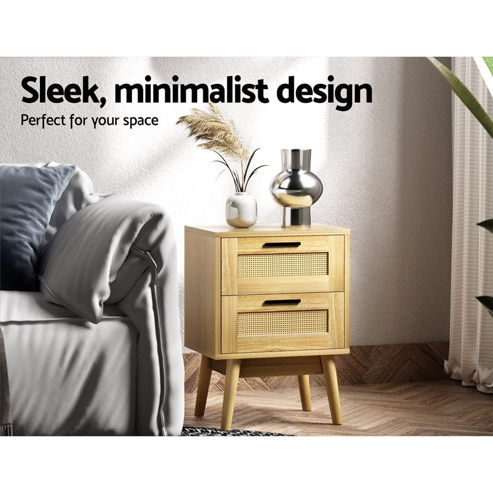 RIE Oak Rattan Bedside Table 2 Drawers Wood