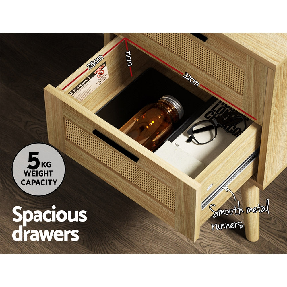 RIE Oak Rattan Bedside Table 2 Drawers Wood