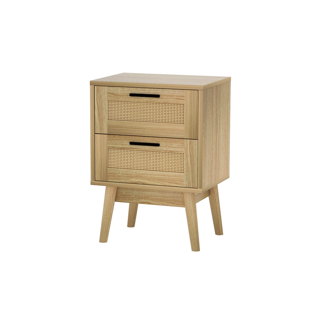 RIE Oak Rattan Bedside Table 2 Drawers Wood