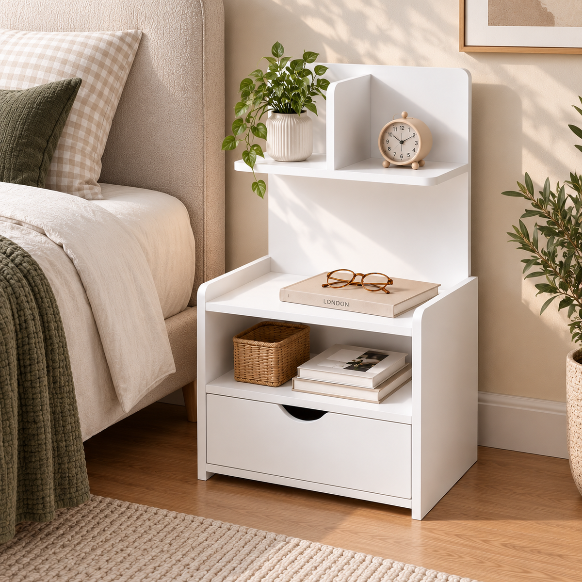 Evermore Bedside Table 1 Drawer with Shelves White