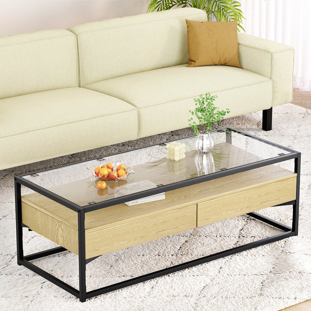 Artiss Coffee Table with 2 Drawers and Open Shelf Pine
