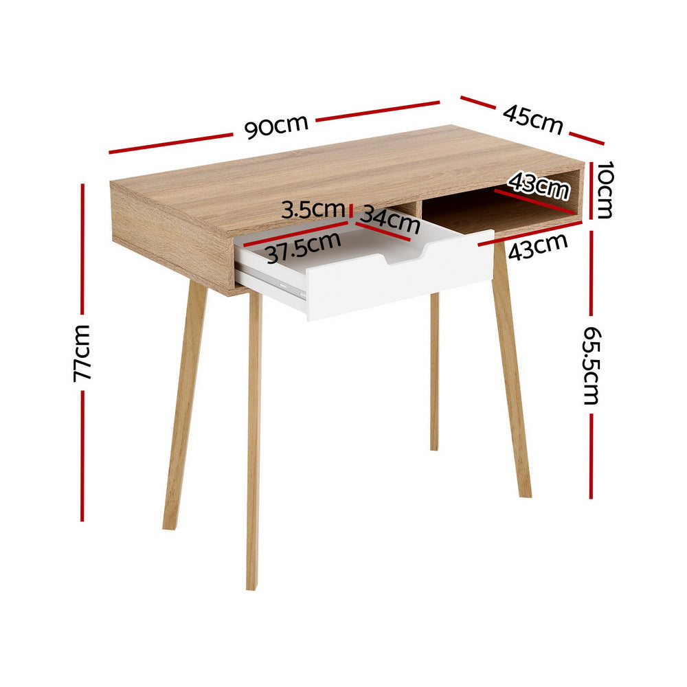 Scandinavian 90cm Computer Desk Drawer Cabinet Shelf Oak White