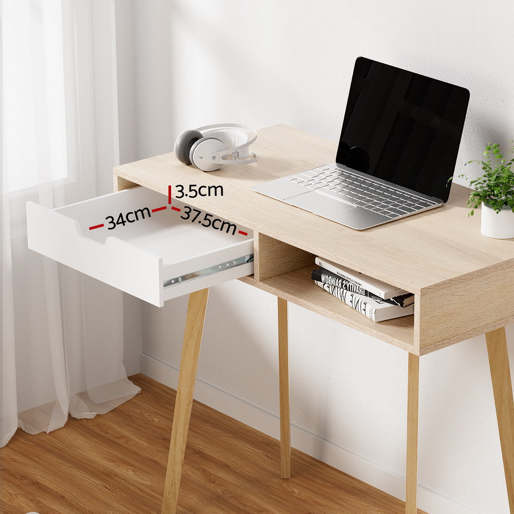 Scandinavian 90cm Computer Desk Drawer Cabinet Shelf Oak White