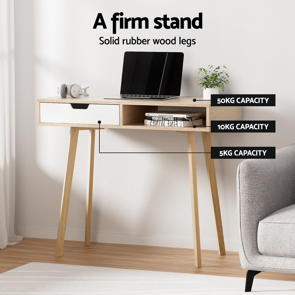 Scandinavian 90cm Computer Desk Drawer Cabinet Shelf Oak White