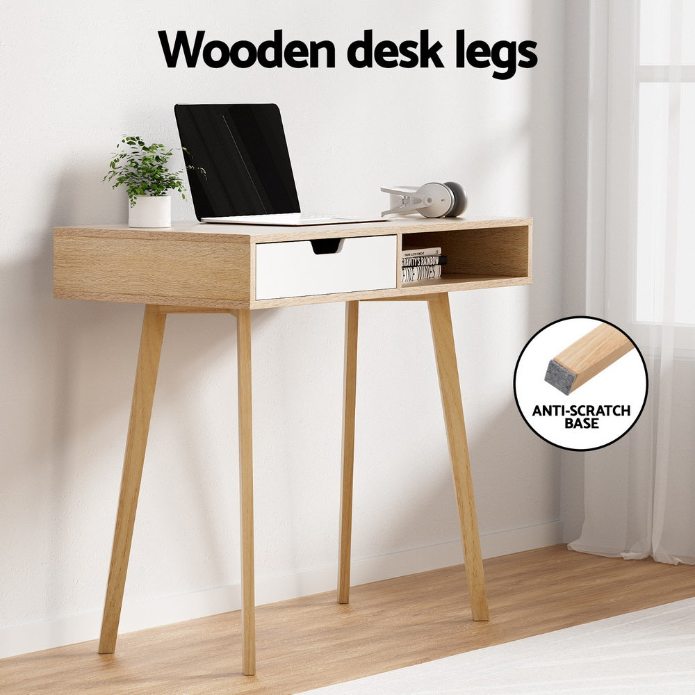 Scandinavian 90cm Computer Desk Drawer Cabinet Shelf Oak White