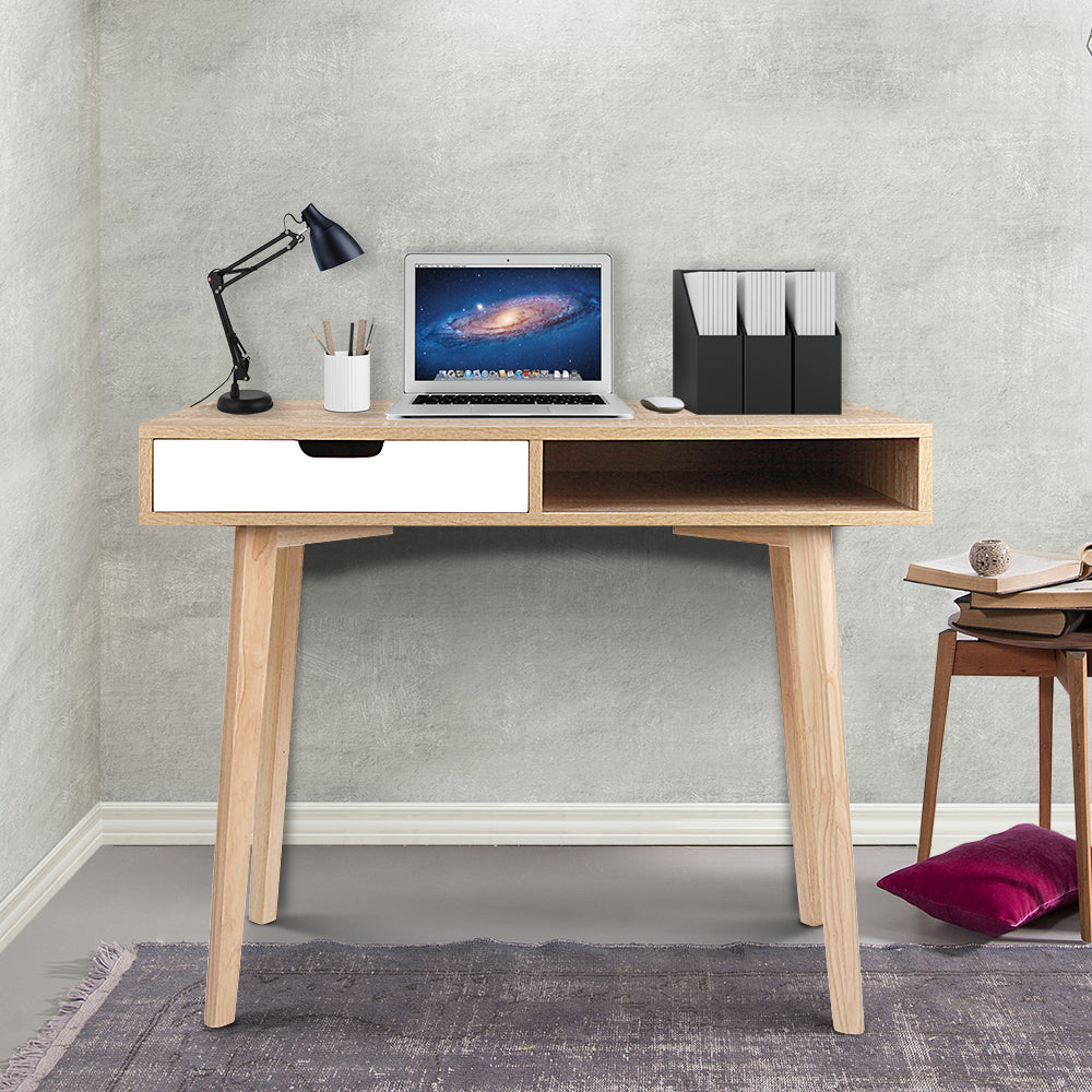 Scandinavian 90cm Computer Desk Drawer Cabinet Shelf Oak White
