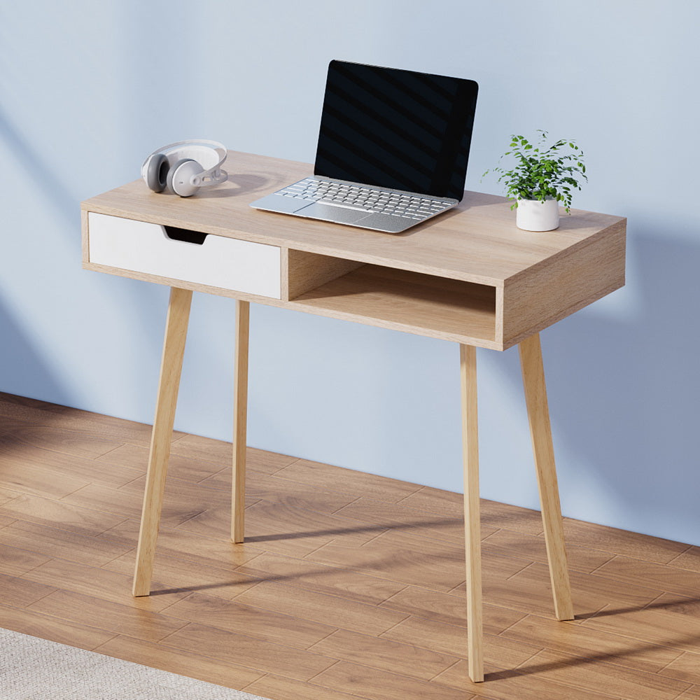 Scandinavian 90cm Computer Desk Drawer Cabinet Shelf Oak White