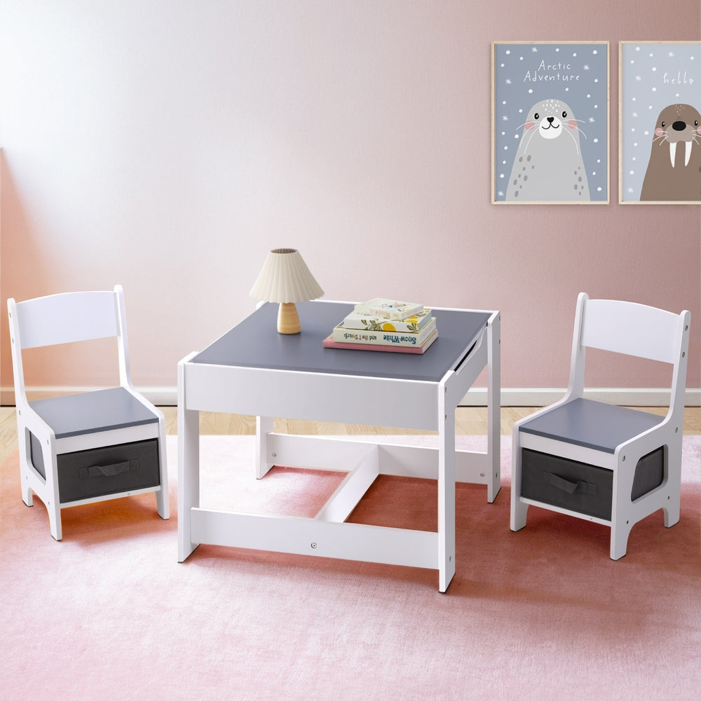 Keezi Kids Activity Table and Chairs Set Chalkboard Desk Storage Grey