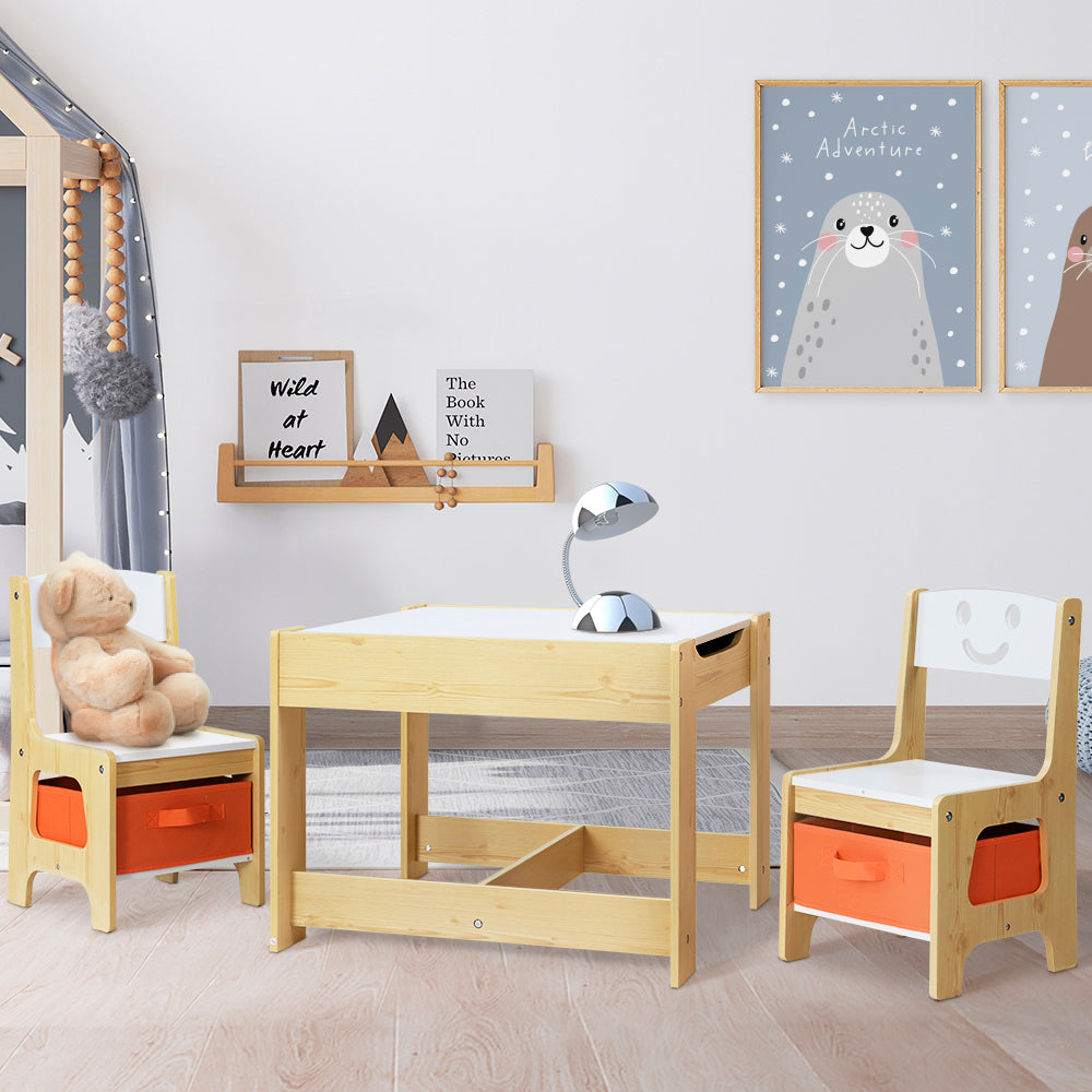 Keezi Kids Activity Table Set 3PCS Chalkboard Storage White/Natural
