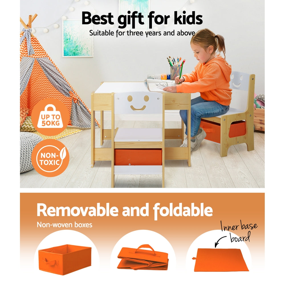 Keezi Kids Activity Table Set 3PCS Chalkboard Storage White/Natural