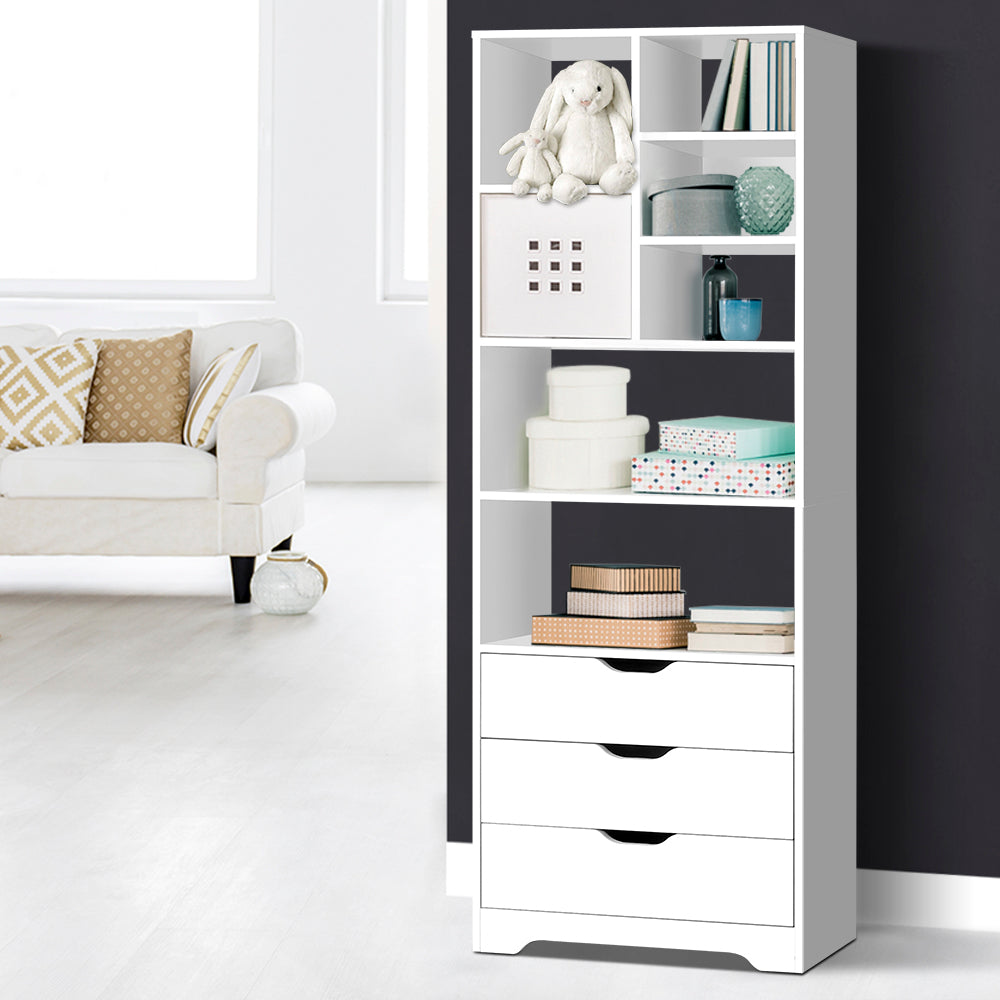 Nana Tall Bookshelf with 3 Drawers and 7 Shelves, White