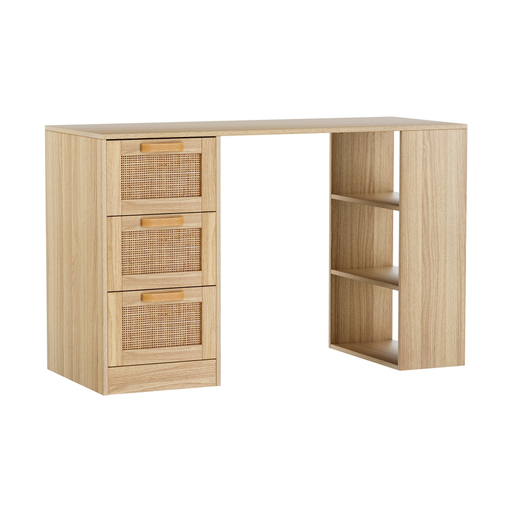 Rattan 120CM Computer Desk Drawer Shelf Light Wood