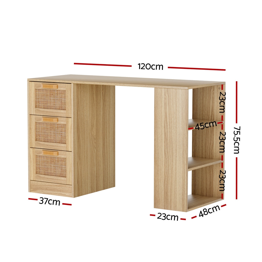 Rattan 120CM Computer Desk Drawer Shelf Light Wood