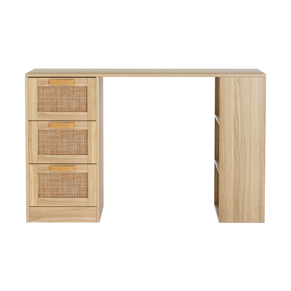 Rattan 120CM Computer Desk Drawer Shelf Light Wood