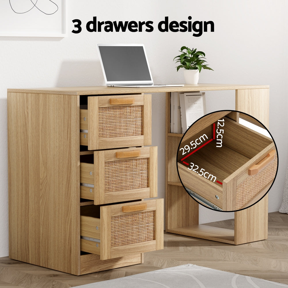 Rattan 120CM Computer Desk Drawer Shelf Light Wood