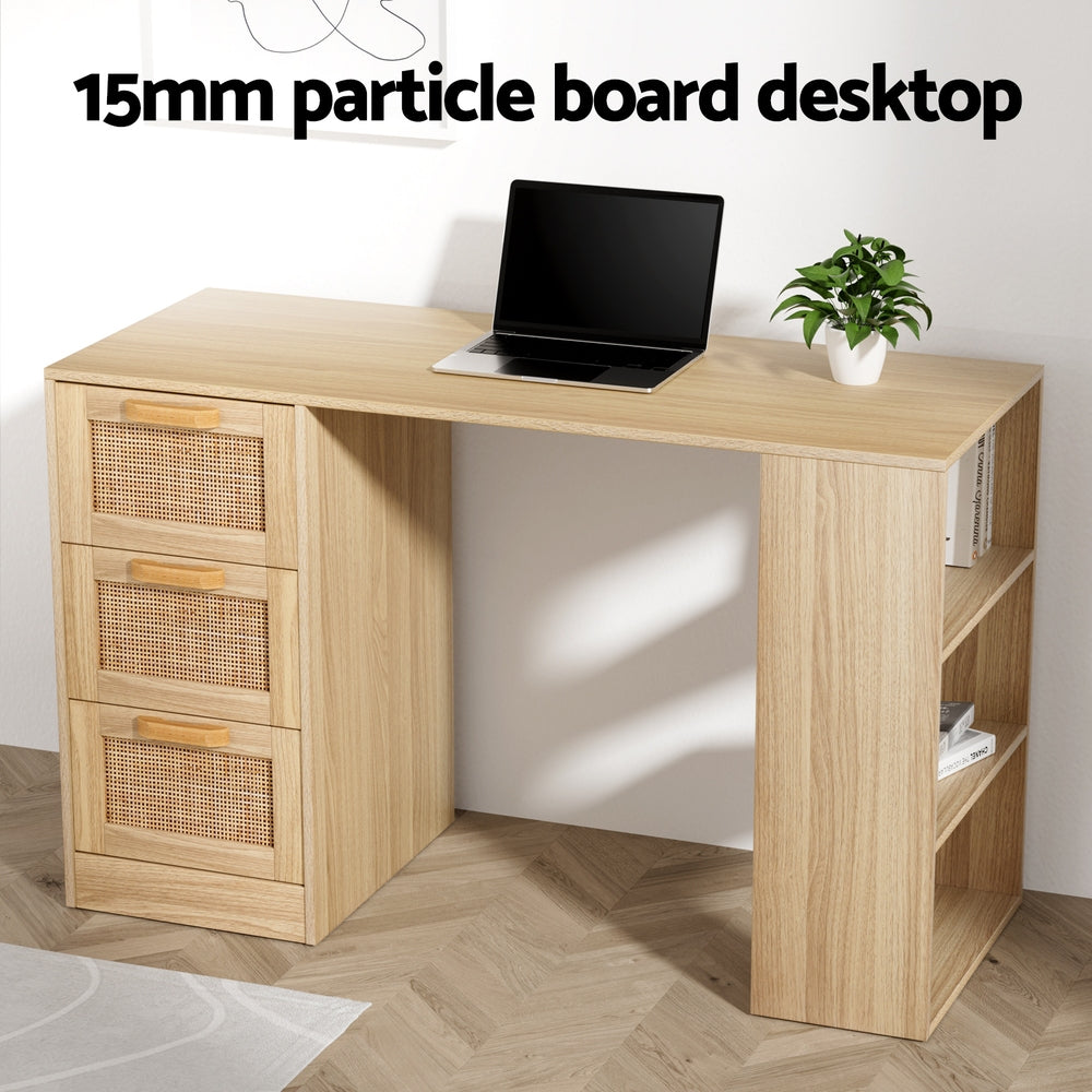 Rattan 120CM Computer Desk Drawer Shelf Light Wood