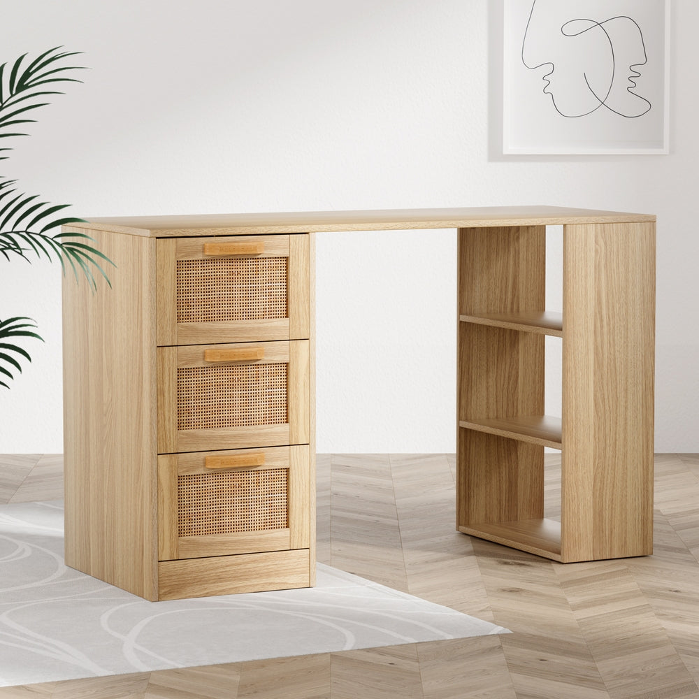 Rattan 120CM Computer Desk Drawer Shelf Light Wood