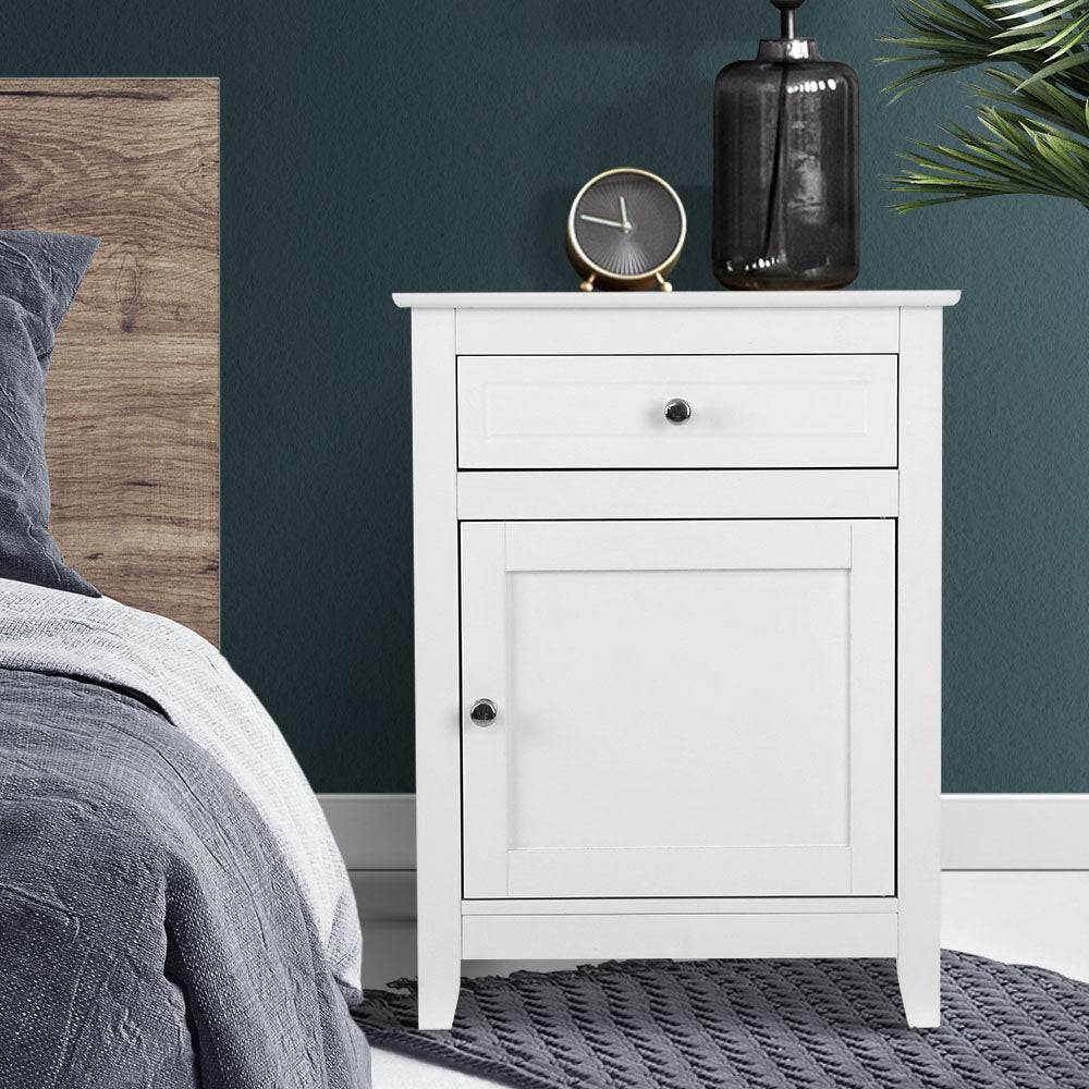 Gustav Bedside Table with Drawer and Cabinet White