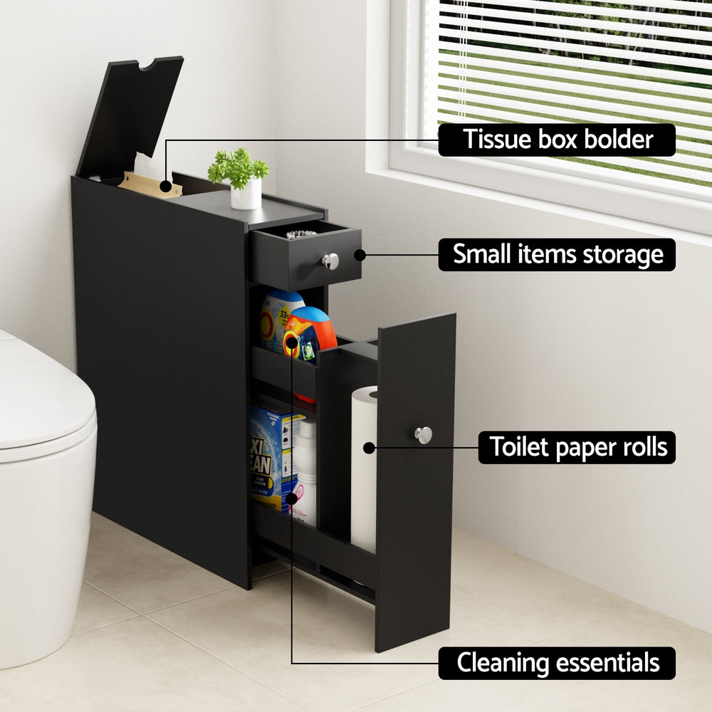 Slim Black Bathroom Storage Cabinet MDF Toilet Tissue Caddy Holder