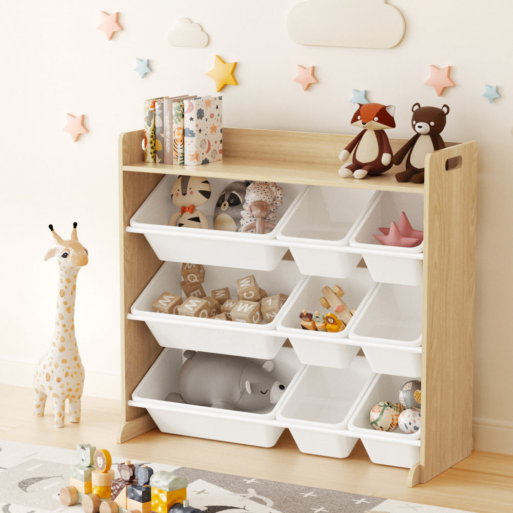 Keezi Kids Toy Box 9 Bins Bookshelf Organiser Display Shelf Storage Rack Wooden