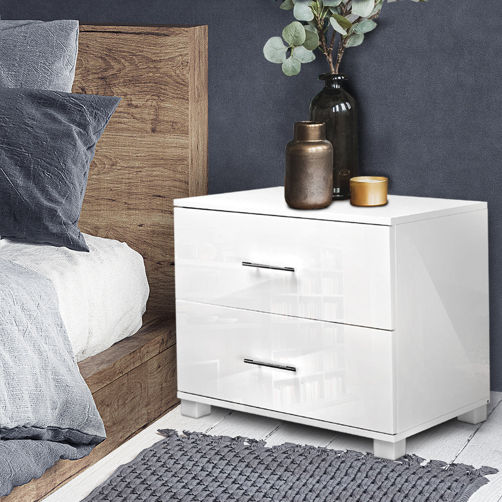 High Gloss White Bedside Table 2 Drawers