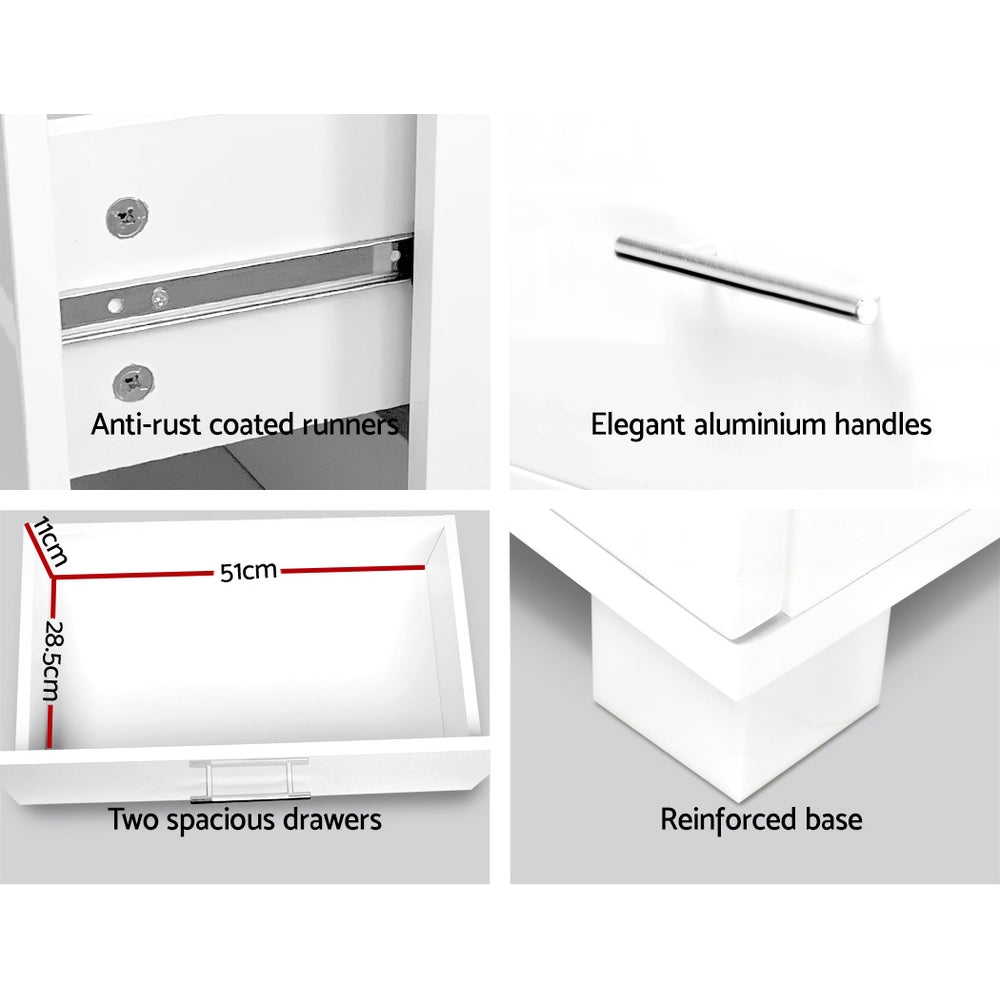 High Gloss White Bedside Table 2 Drawers
