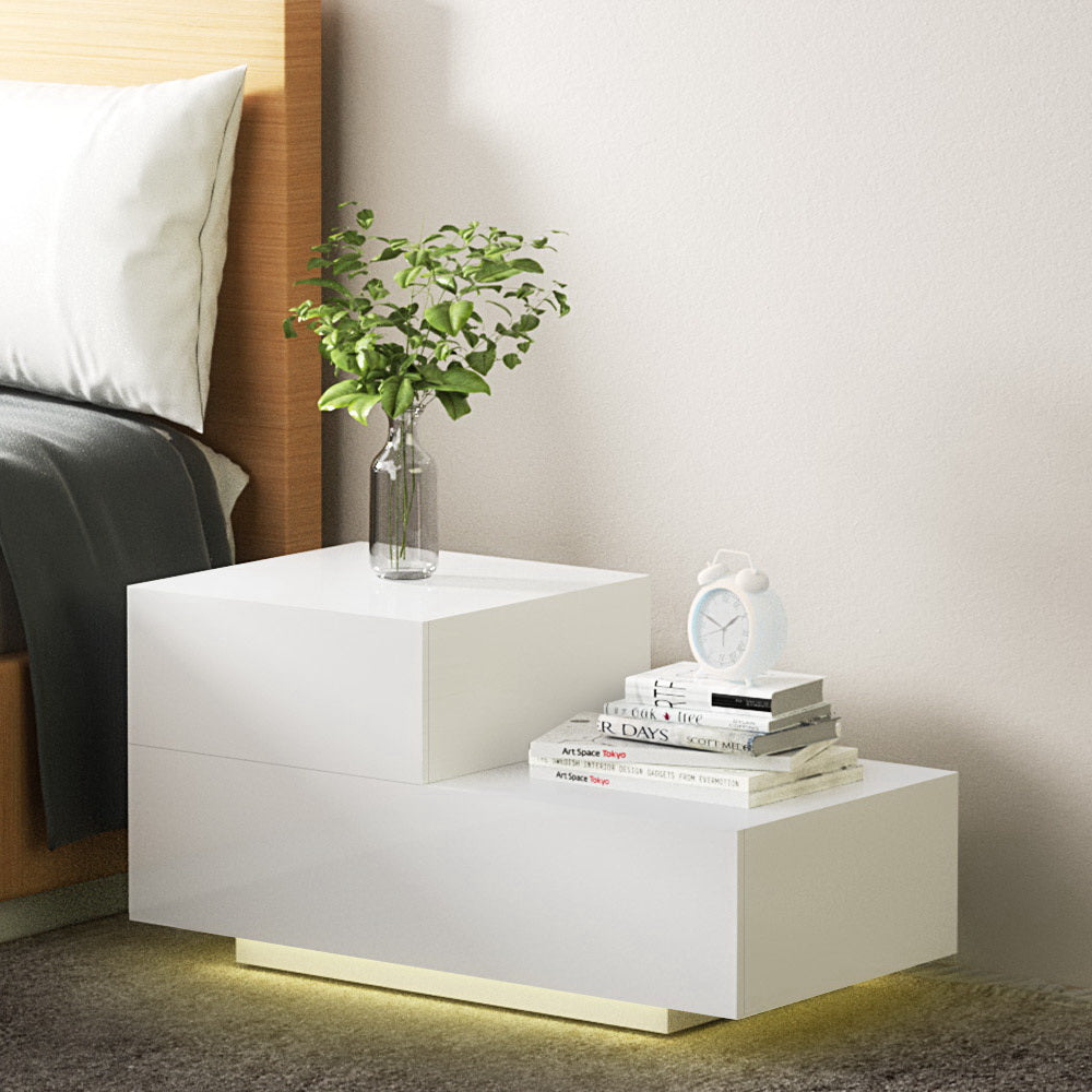 Remi Bedside Table with LED Light 2 Drawers White