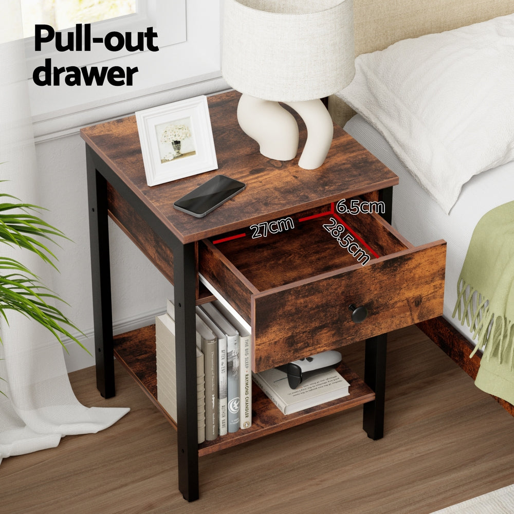 Artiss Walnut Bedside Table 1 Drawer Nightstand Shelves