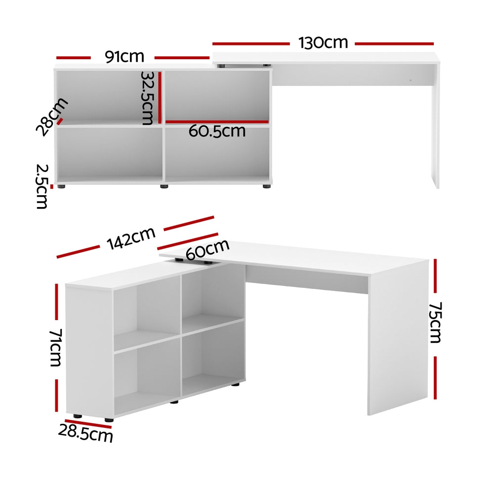 Artiss 130CM L-Shaped Computer Desk with Bookshelf White