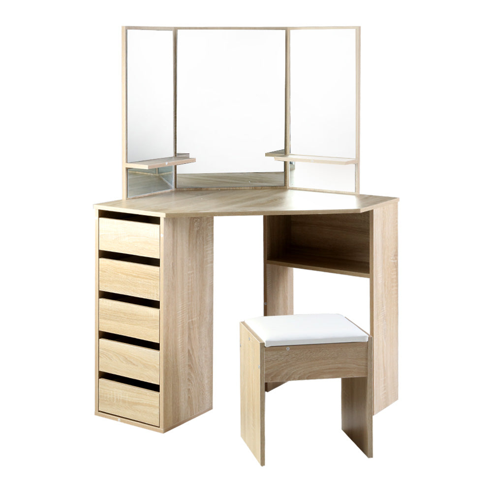 Corner Oak Dressing Table Stool Set 5 Drawers