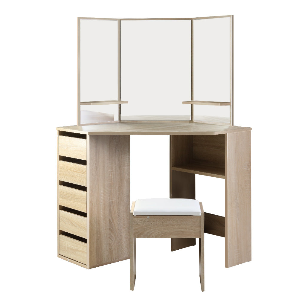 Corner Oak Dressing Table Stool Set 5 Drawers